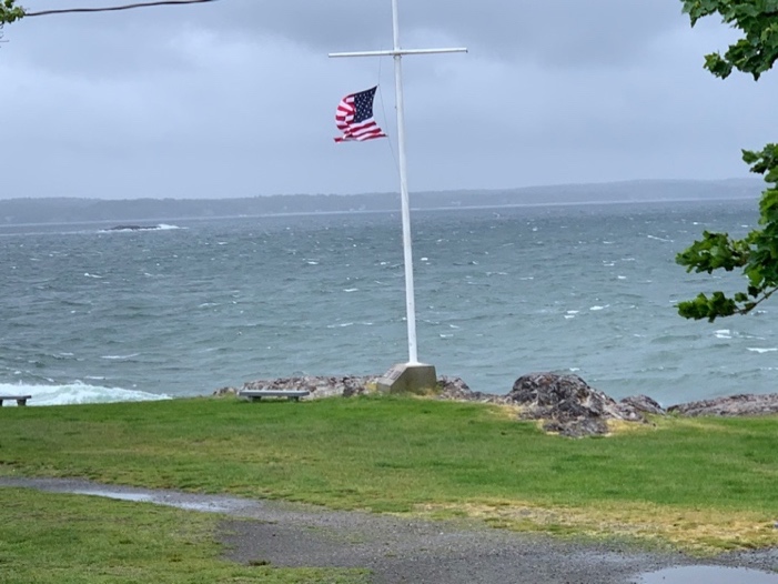 A flag on a pole by the waterDescription automatically generated with low confidence