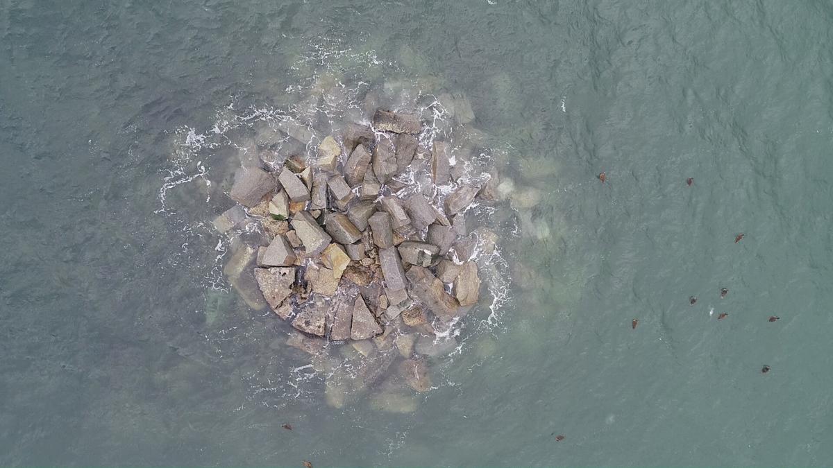 A pile of rocks in the waterDescription automatically generated